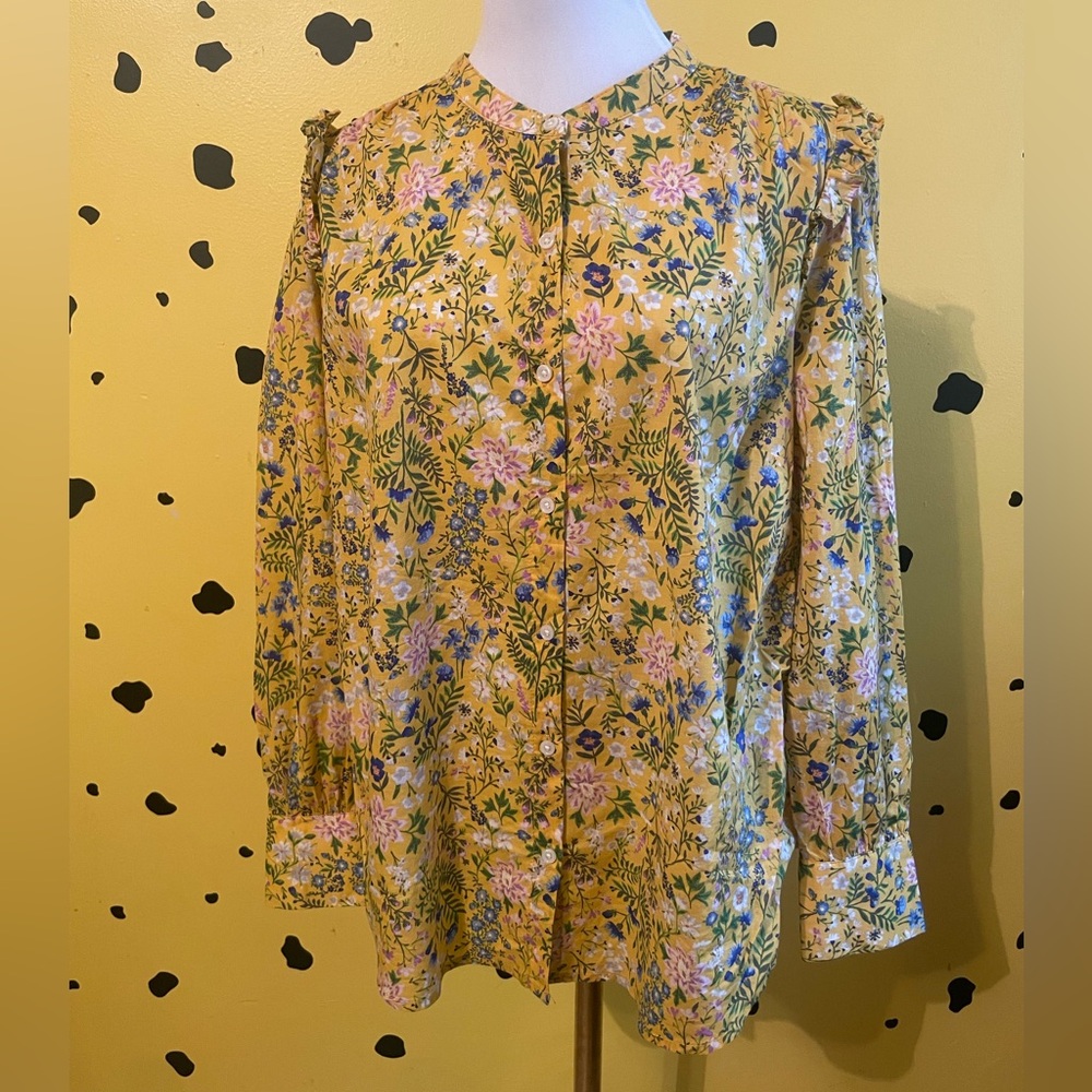 Old Navy Womens Floral Ruffle Shoulder Button Blouse Large Cottagecore Soft Girl